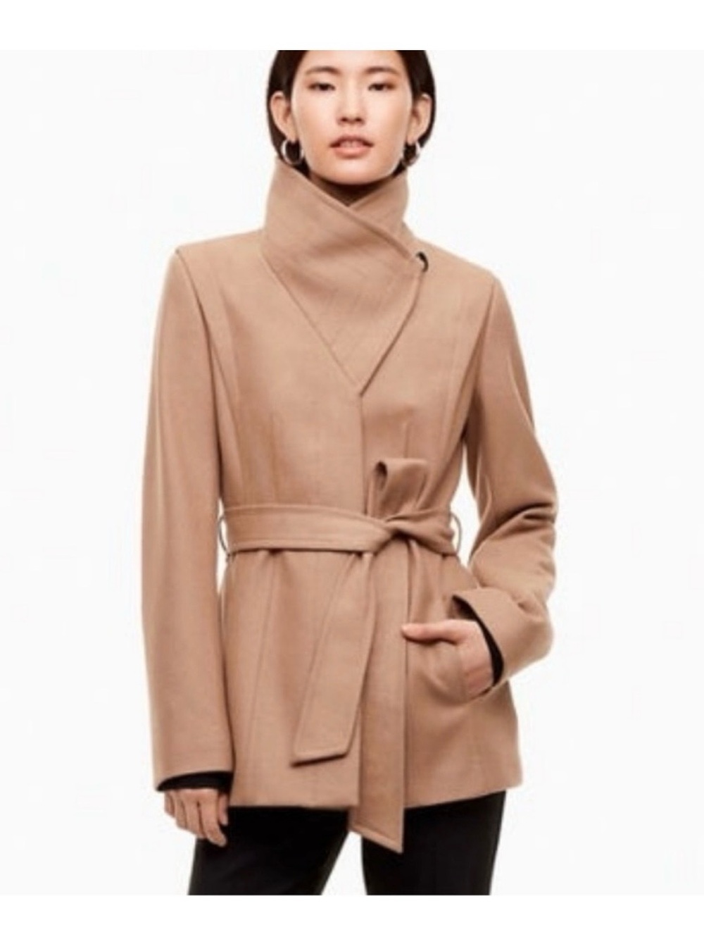 Womens Belted High-Collar Wool-Blend Coat - Camel